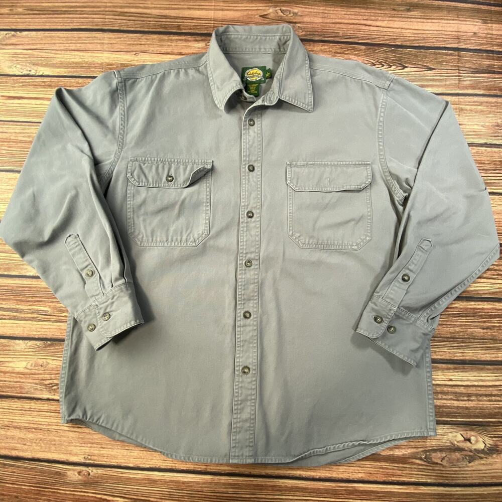 Cabela's Men's L Dark Khaki Button-Down Cotton Shirt Grey Outdoor Work Gear